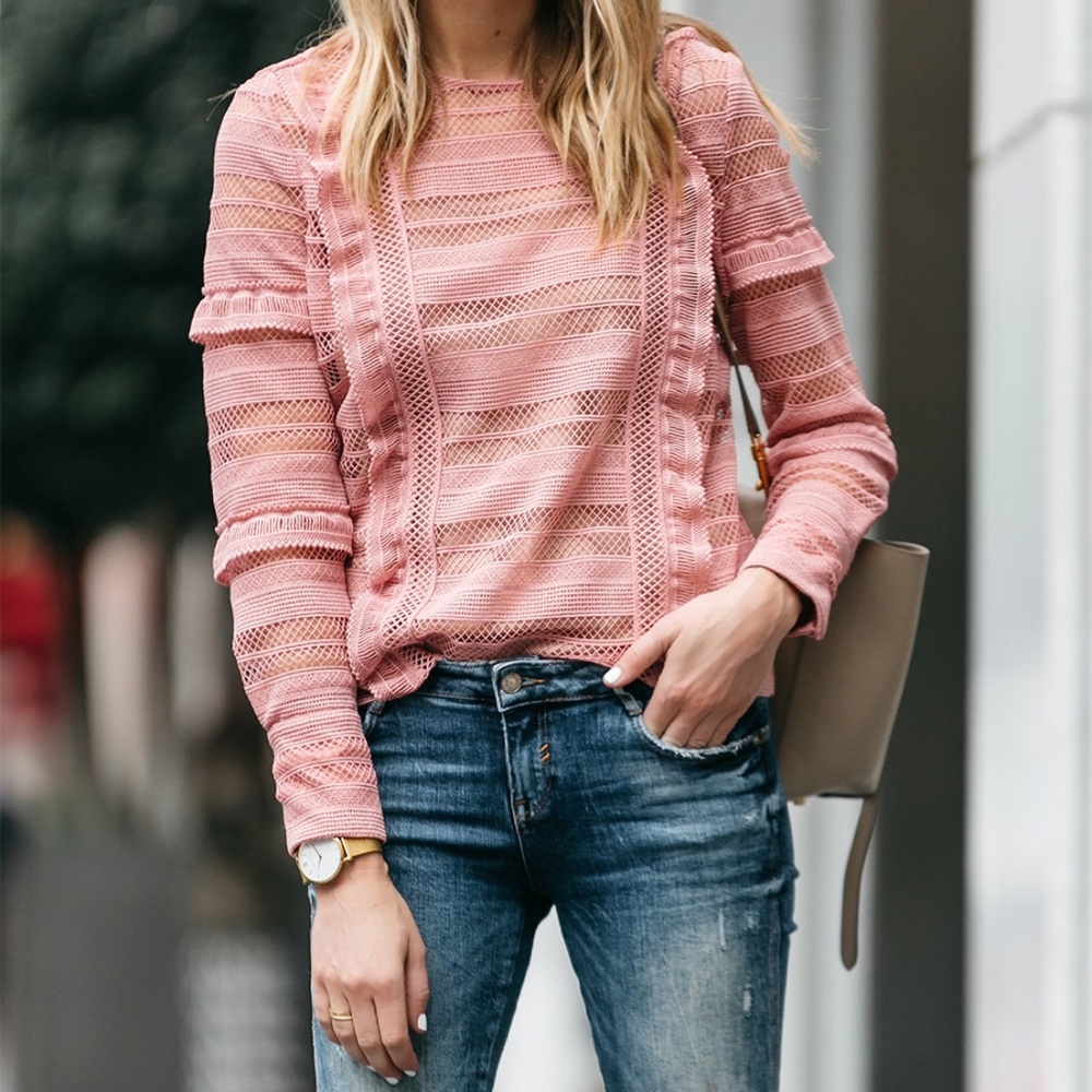 Self-Portrait Ruffle Stripe and Grid Guipure Lace Top in Pink Size 10